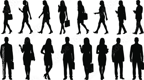 Professional business people silhouettes collection including corporate men and women walking in formal attire