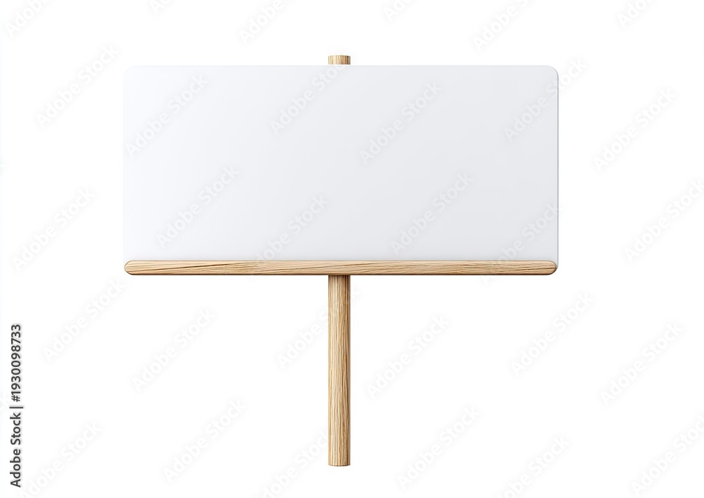 Obraz premium A blank white sign with rounded corners, mounted on a wooden frame and pole, isolated