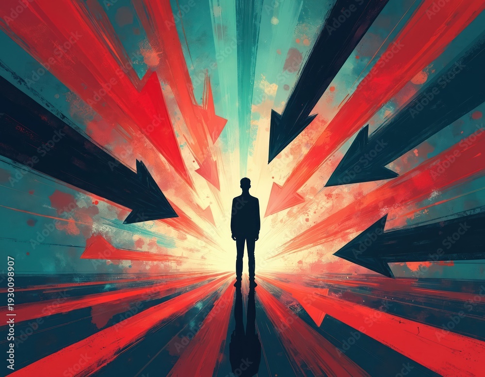 Fototapeta premium Silhouette of person in abstract tunnel of converging arrows. Man faces many choices pressure stress and mental conflict. Focus concentration and inner contemplation against chaos.
