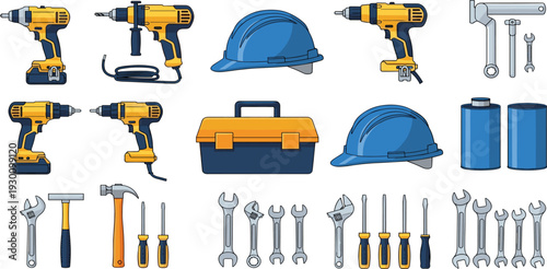 Vector illustration icon set of construction tools and equipment for business and work design