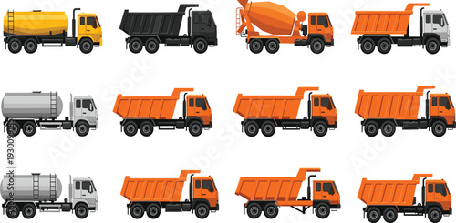 Heavy duty truck collection vector illustration, dump truck cement mixer tanker vehicles, industrial transport fleet set