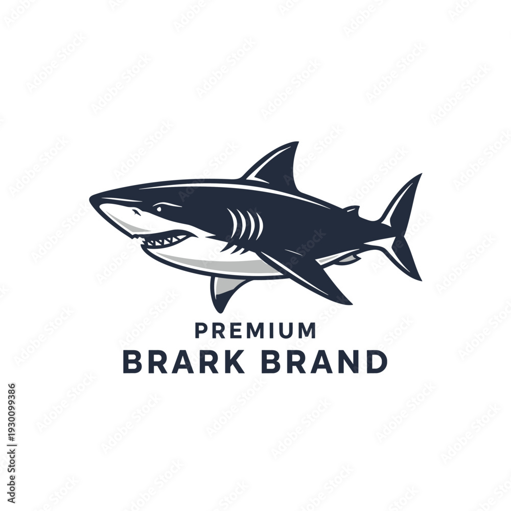 Fototapeta premium Stylized aggressive shark logo design in dark blue and gray on a white background