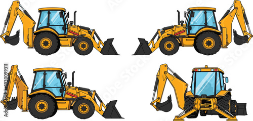 Backhoe loader construction vehicle vector set, yellow excavator bulldozer machinery, heavy equipment illustration for industrial building projects