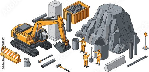 Construction site isometric vector illustration, excavator machinery workers concrete materials rock mining equipment industrial building process