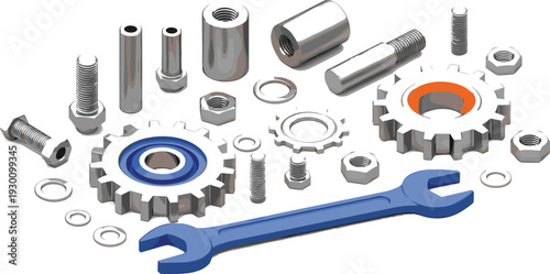 Mechanical tools and parts vector illustration with gears, wrench, bolts, nuts, and washers, industrial engineering and maintenance concept isolated on white