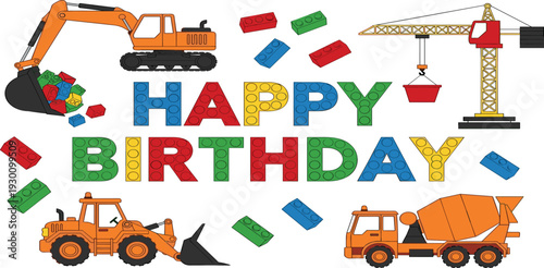 Happy Birthday construction theme vector illustration, colorful building blocks letters, excavator crane truck vehicles, kids party design