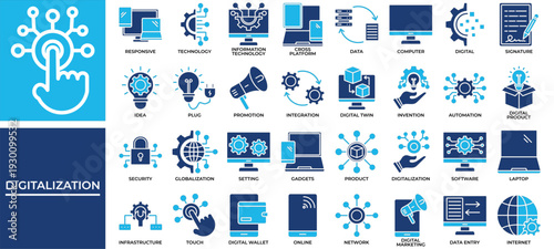 Digitalization icon set collection. Containing stage, signature, touch, invention, note, television, marketing .Solid vector icons collection