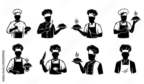 Professional chef silhouette vector set with cooking poses for restaurant branding and food design