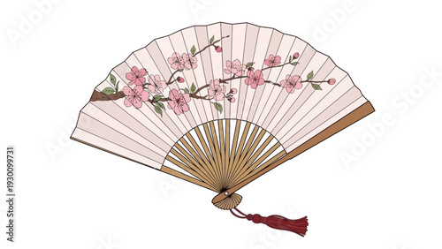 Elegant traditional hand-held folding fan featuring delicate cherry blossom floral design, a beautiful symbol of Asian culture and seasonal grace