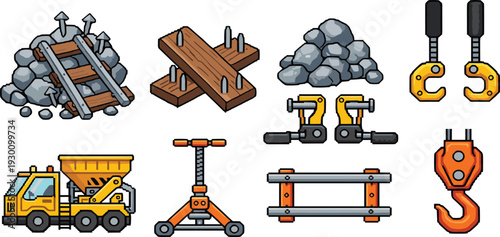 Railroad construction and maintenance icon set with track, ballast, crane hook, rail clamps, and other industrial railway repair equipment.