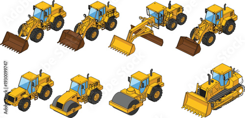 Construction vehicle vector set, bulldozer loader excavator roller machines, heavy equipment collection, industrial transport, flat design illustration