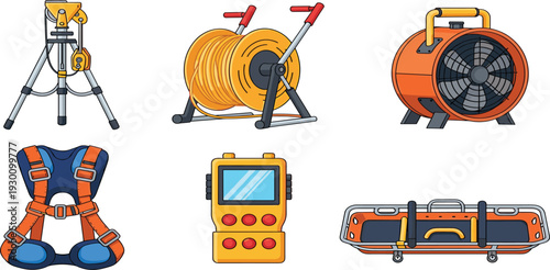 Cartoon set of confined space entry and rescue equipment, including tripod, winch, ventilator, harness, gas monitor, and stretcher.