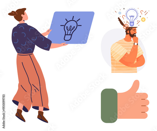 Innovation, brainstorming, creativity, problem-solving, decision-making, teamwork. Woman holding light bulb board, man with ideas thumbs-up gesture. Innovation and brainstorming