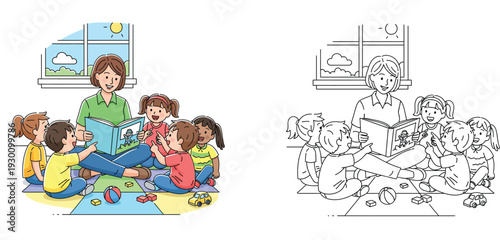 Preschool Teacher Reading Storybook to Diverse Children in Kindergarten Classroom, Educational Coloring Page and Colored Vector Illustration Set for Kids Learning and Storytelling Activity