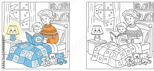 Bedtime story coloring page vector illustration of a parent reading a book to a child in a cozy bedroom with toys, moon, and stars line art for kids activity.