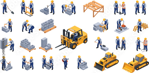 Construction workers and heavy equipment vector set, forklift bulldozer bricklaying teamwork, industrial building process illustration collection