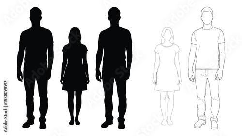 A group of human silhouettes in different styles isolated on white background, Vector