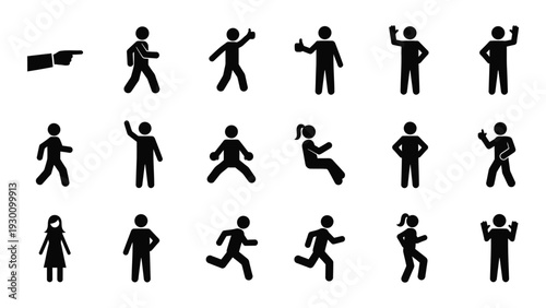 Collection of black silhouette icons depicting various human poses and actions isolated on white background, Vector