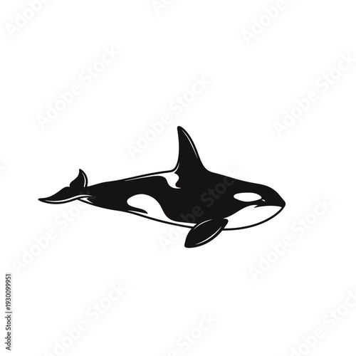 Stylized black and white illustration of an orca killer whale swimming