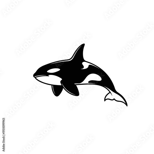 Stylized black and white illustration of an orca killer whale swimming
