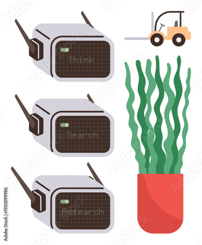 Artificial intelligence, data analysis, brainstorming, innovation, research, sustainability. Digital devices labeled Think, Search and Research with antennae forklift potted plant. AI and data