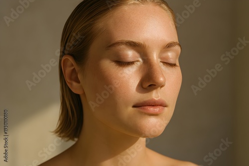 Close-Up Portrait of Woman’s Face with Eyes Closed in Soft Natural Light, Skincare Beauty Photography Highlighting Smooth Clear Skin and Radiant Glow