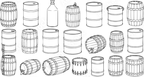 Detailed vector illustration set showcasing a variety of barrels and drums, including wooden wine casks, metal oil drums, and other storage containers in outline art style.