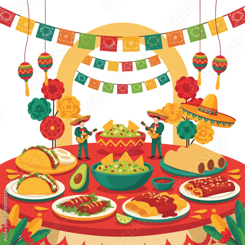 Illustration of a festive Mexican celebration with traditional food and musicians
