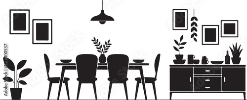 Black and white dining room interior with table chairs and sideboard