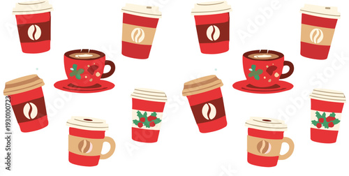 Christmas Coffee Cups Seamless Pattern with Festive Red Takeaway Mugs and Holiday Drinks Vector Illustration