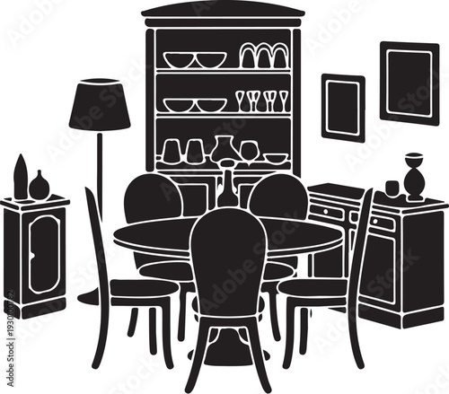 Black and white dining room with table chairs cabinet and lamp
