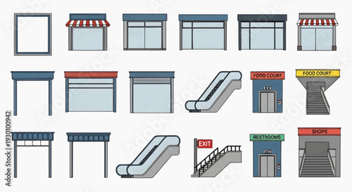 Various storefronts and escalators are shown in a collection of illustrations.