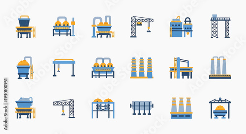 Industrial equipment icons showcase various machinery and tools in a factory setting.