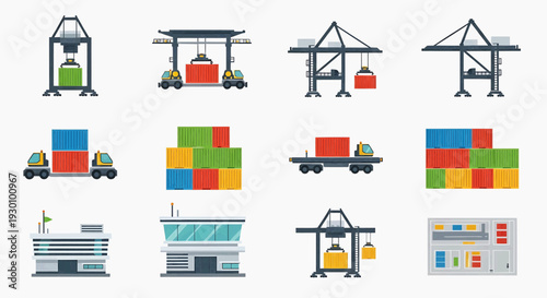 Industrial port with cranes loading colorful containers on trucks and ships nearby