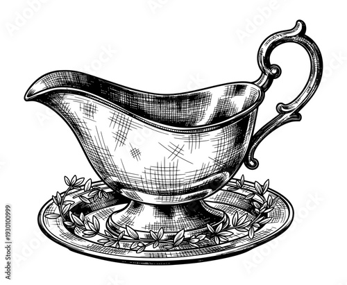 Gravy Boat Vintage Tableware Illustration in Black and White Engraving Style