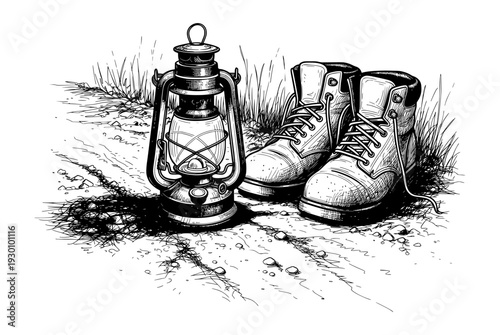 Vintage Oil Lantern and Hiking Boots Black and White Engraving Style Vector