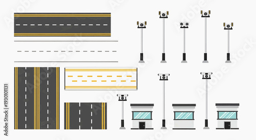 A detailed illustration of various road and highway elements including lanes, signs, and streetlights.