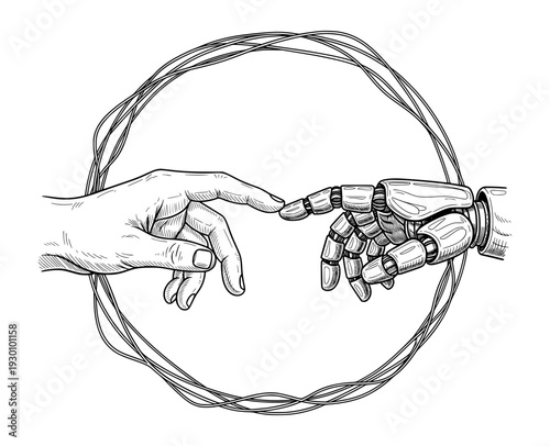 Robot Hand Touching Human Hand in Creation Pose Engraving Style Black and White