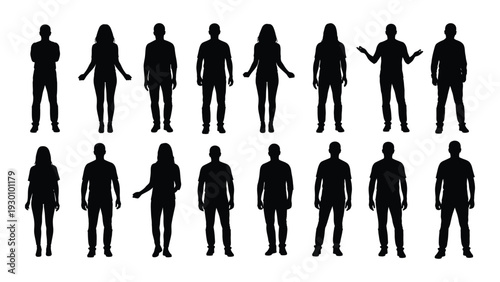 A group of people standing in two rows of black silhouettes on a white background isolated on white background, Vector