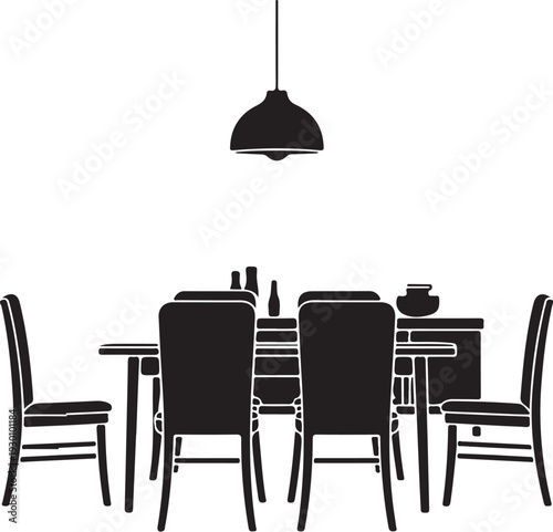 Black and white dining table with four chairs and pendant light