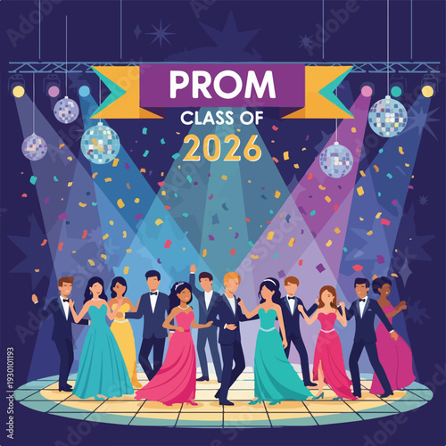 Illustration of a formal high school dance, with couples on a dance floor