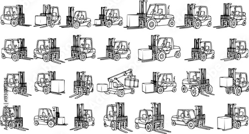 Collection of various hand-drawn line art illustrations of forklifts and industrial material handling vehicles, some carrying boxes, in a logistics and transportation theme.