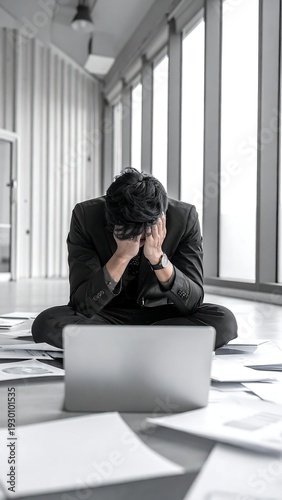 A man in a suit sits on the floor with his head in his hands