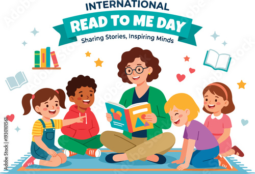 Woman reading to children on colorful rug for International Read to Me Day