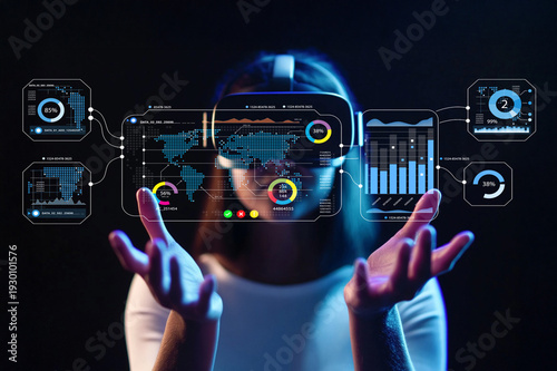 Foto Futuristic Technology Concept with Young Woman Wearing Virtual Reality Headset a