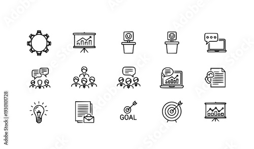 Business meeting outline icons corporate conference line vector set