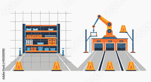 A robotic arm assembles a car on a factory production line with cones.