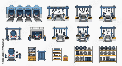 Industrial factory equipment illustrations showcase various machinery and manufacturing processes