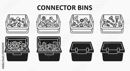 Bins filled with various connector parts and tools neatly organized