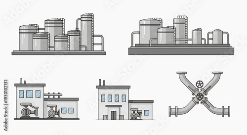 Industrial buildings and equipment are shown in a factory setting with machinery.